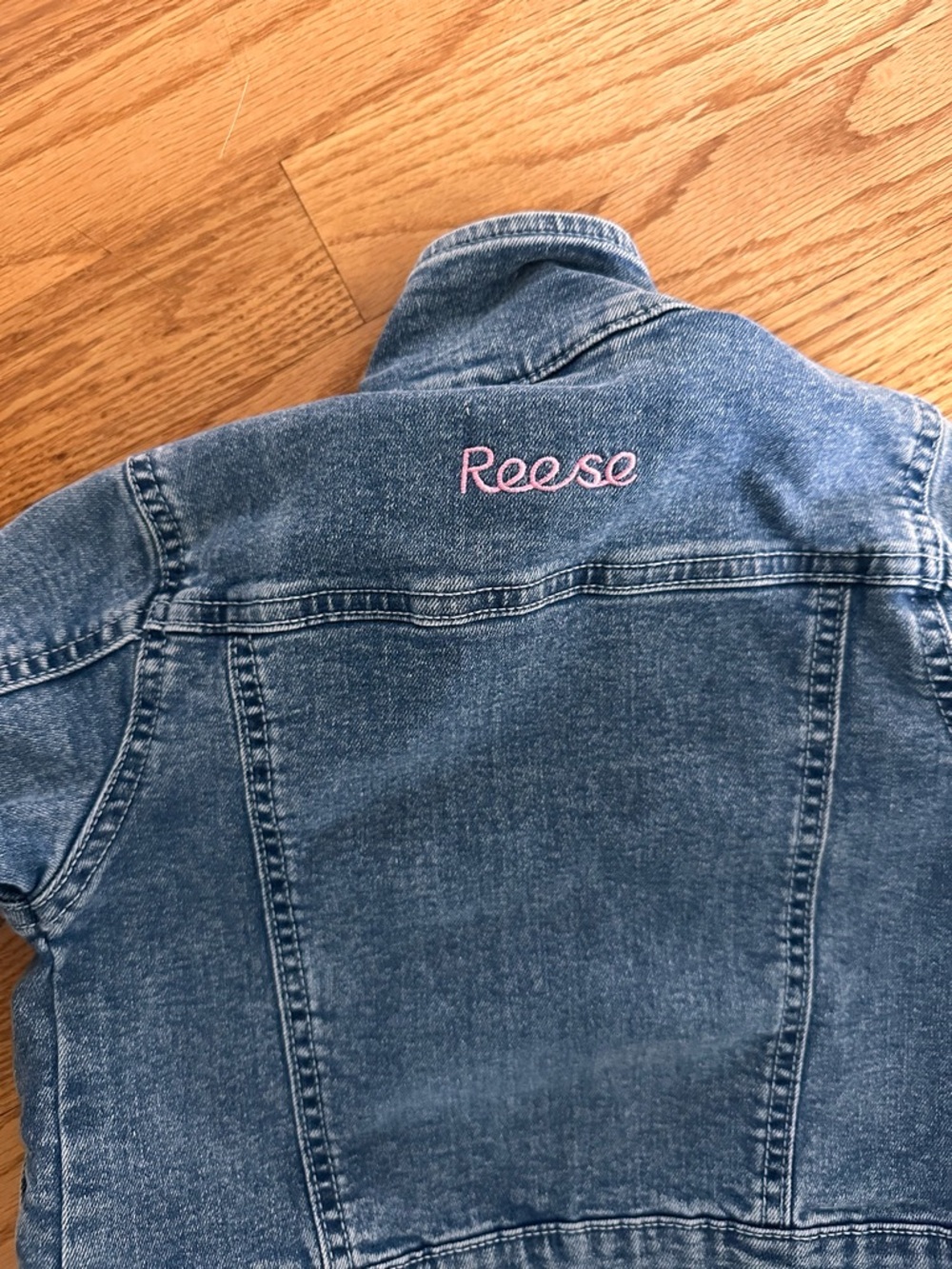 Kids Blue Denim Jacket with Pink 'Reese' Embroidery